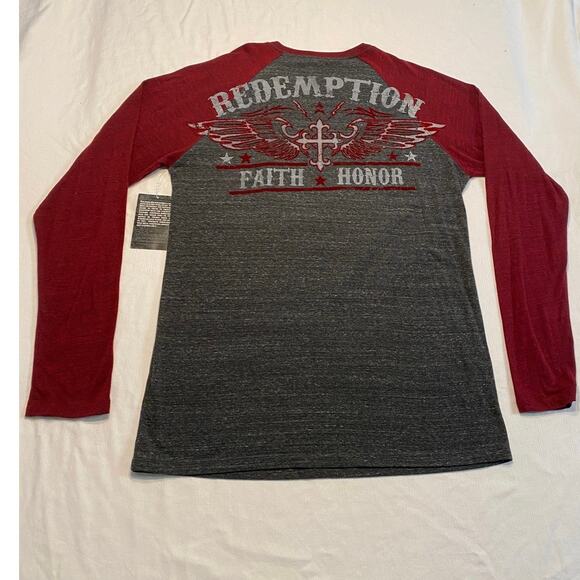 Raw State Redemption Long Sleeve Ragland T-shirt Gray Red Mens XXL NWT Velvet - Picture 9 of 14